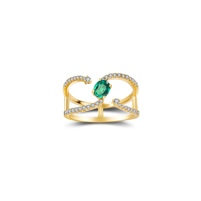 18k Gold Single Emerald Connected Diamond Ring - Genevieve Collection