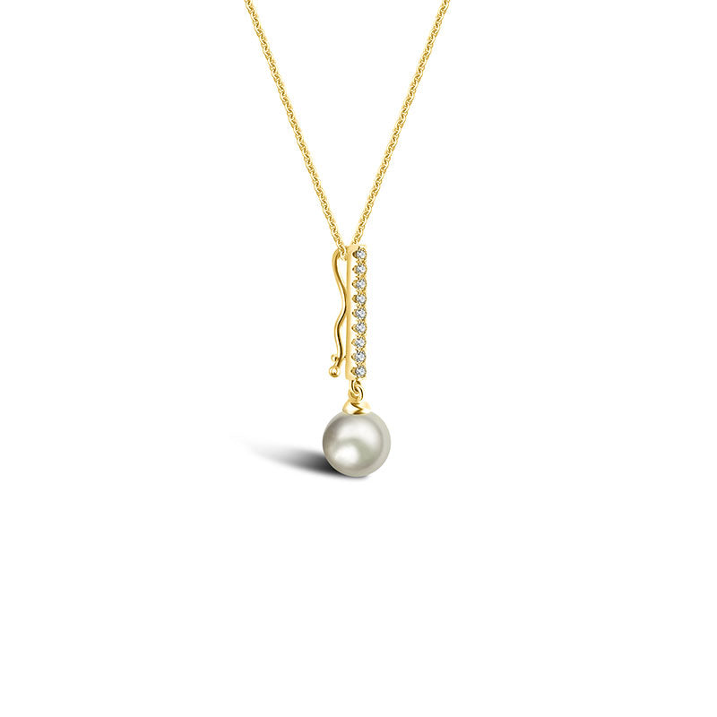 18k Gold 2 ways Line Shaped Diamond Necklace with Pearl - Genevieve Collection