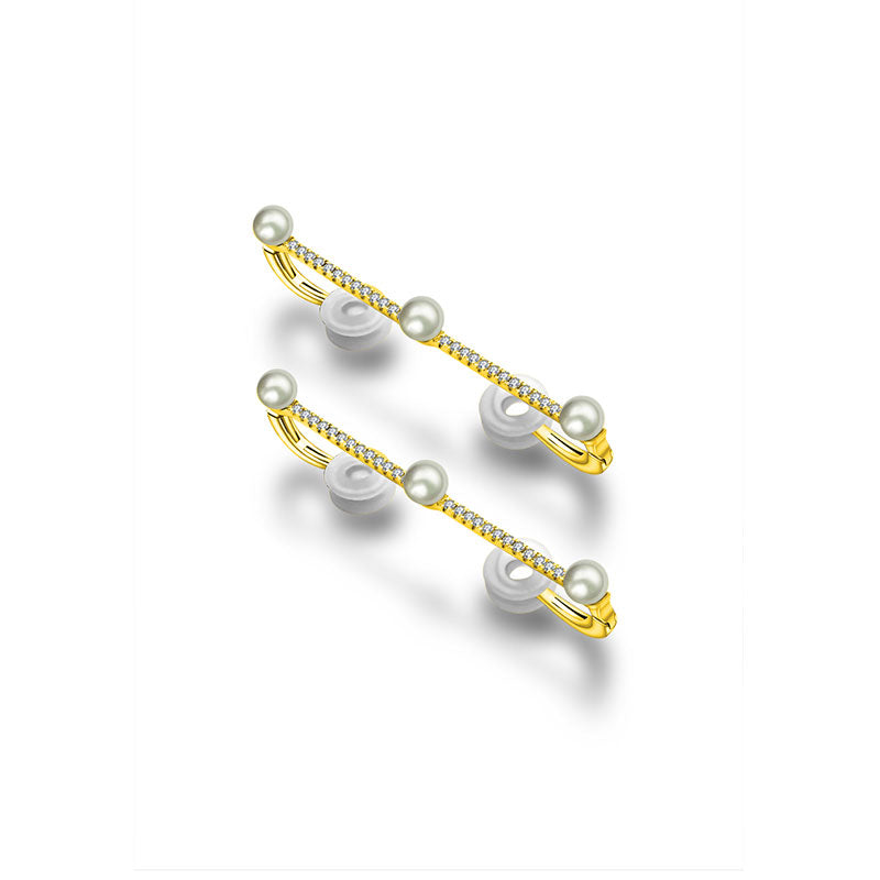 18k Gold Vertical Line Diamond Ear Cuff with Pearl - Genevieve Collection
