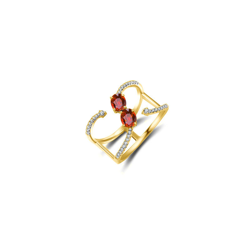 18k Gold Double Ruby Connected Diamond Ring - Genevieve Collection