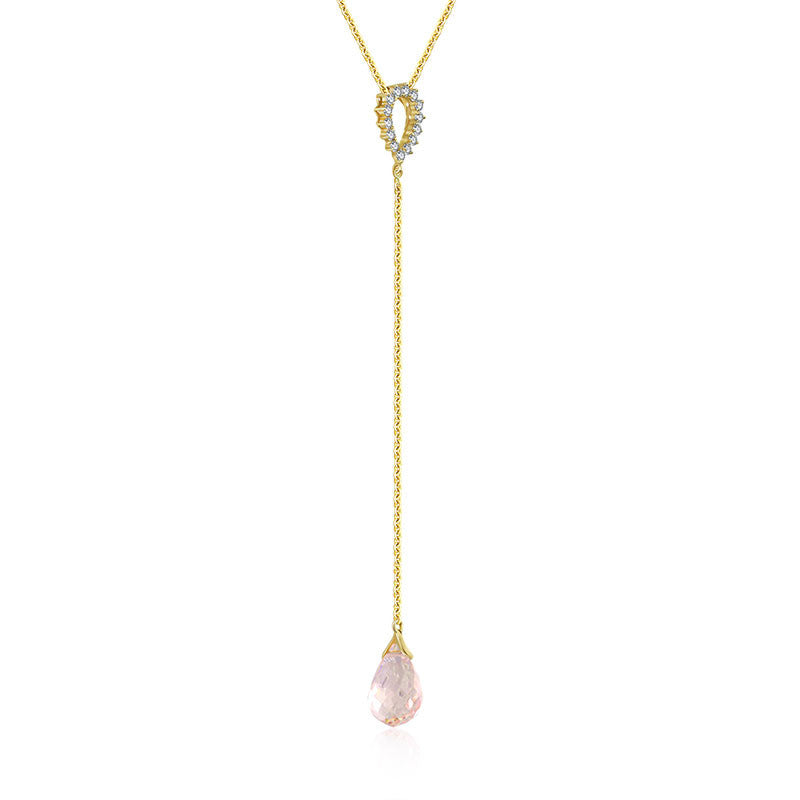 18k Gold Pink Quartz Chain Diamond Necklace With Drop Shape - Genevieve Collection