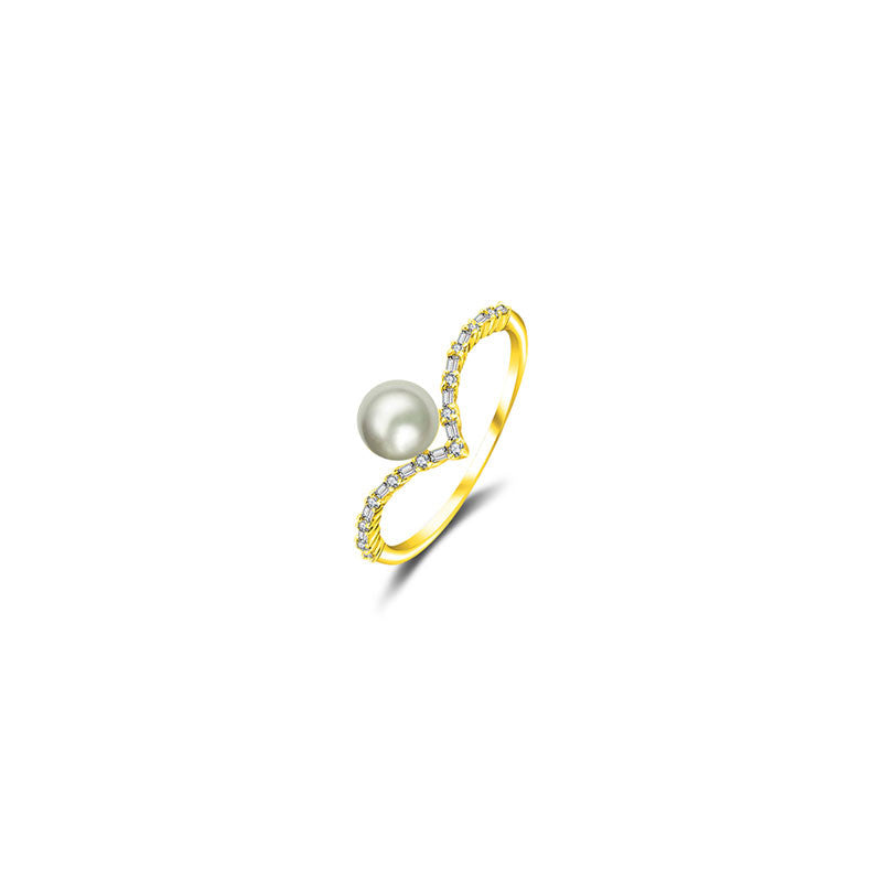 18k Gold Double Curve Diamond Ring With Pearl - Genevieve Collection