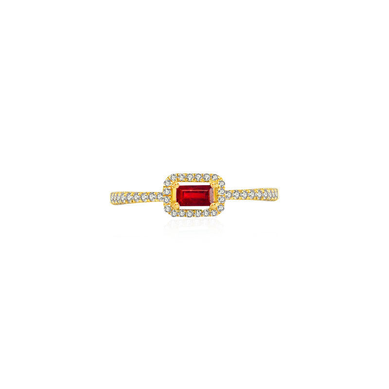 18k Gold Rectangle Shape Ruby Ring Surrounded by Diamond - Genevieve Collection