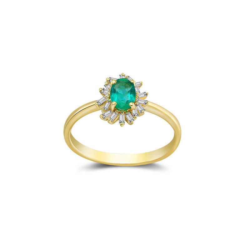 18k Gold Emerald Ring Surrounded by Irregular Shape Diamond - Genevieve Collection