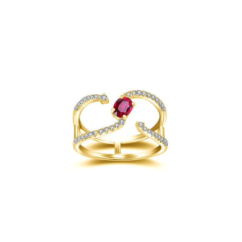 18k Gold Single Ruby Connected Diamond Ring - Genevieve Collection