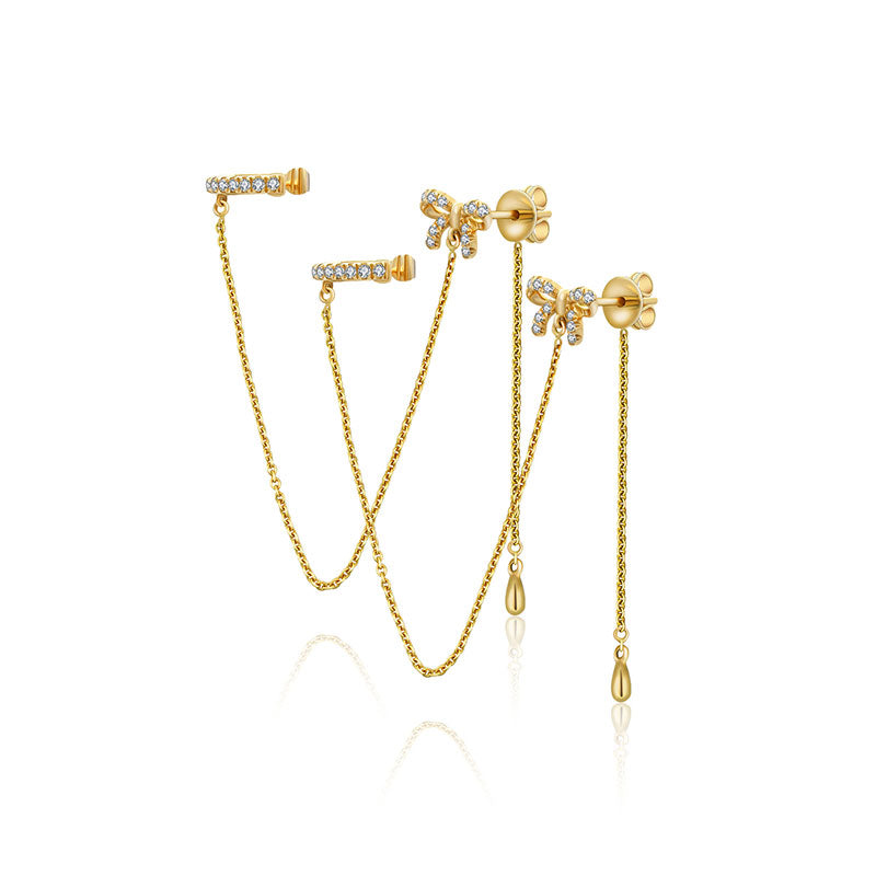18k Gold Ribbon Shape with Chain Diamond Ear Cuff & Earring - Genevieve Collection