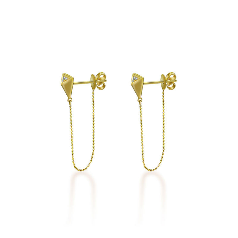 18k Gold Triangle Stud Chain To Post Back Diamond Earring - Genevieve Collection