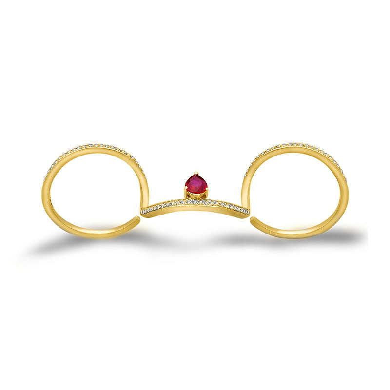 18k Gold Drop Ruby Triple Ring - Genevieve Collection