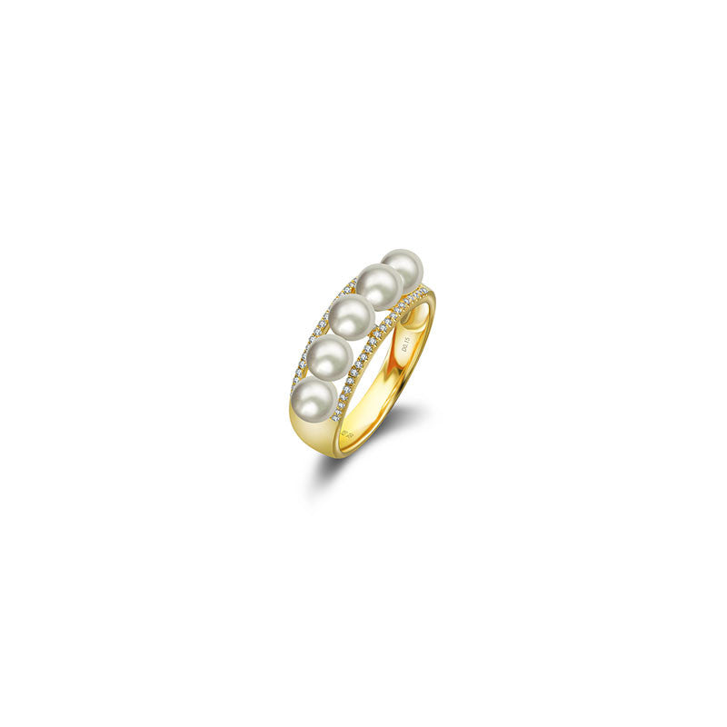 18k Gold Double Line Diamond Ring With Pearl - Genevieve Collection