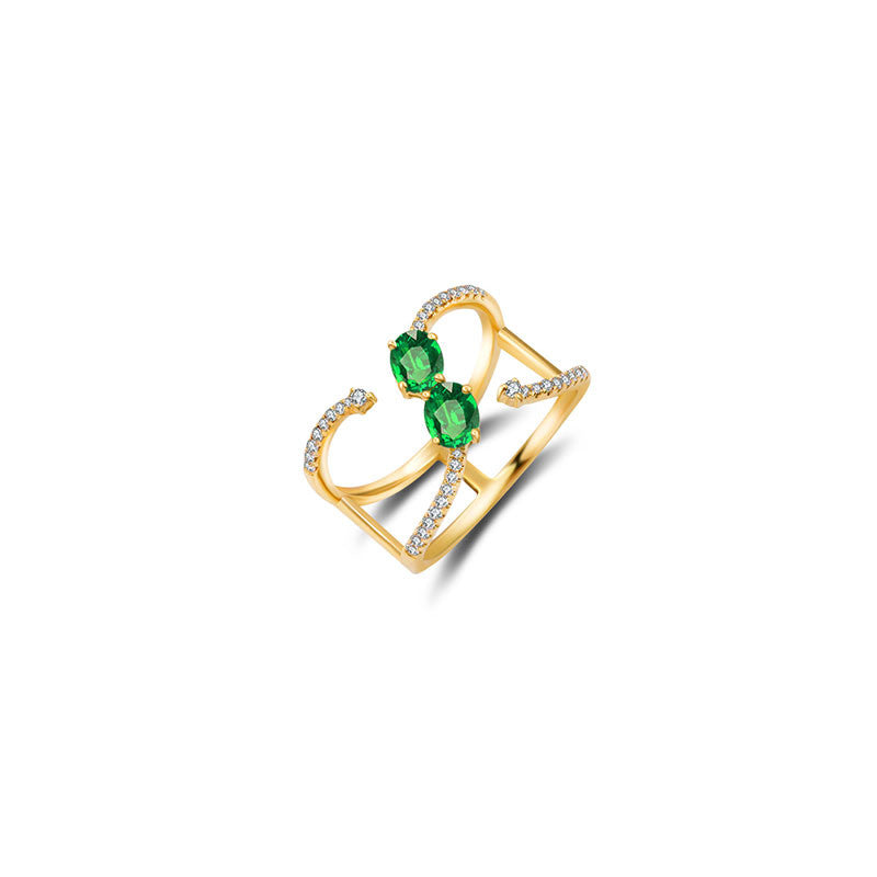 18k Gold Double Emerald Connected Diamond Ring - Genevieve Collection