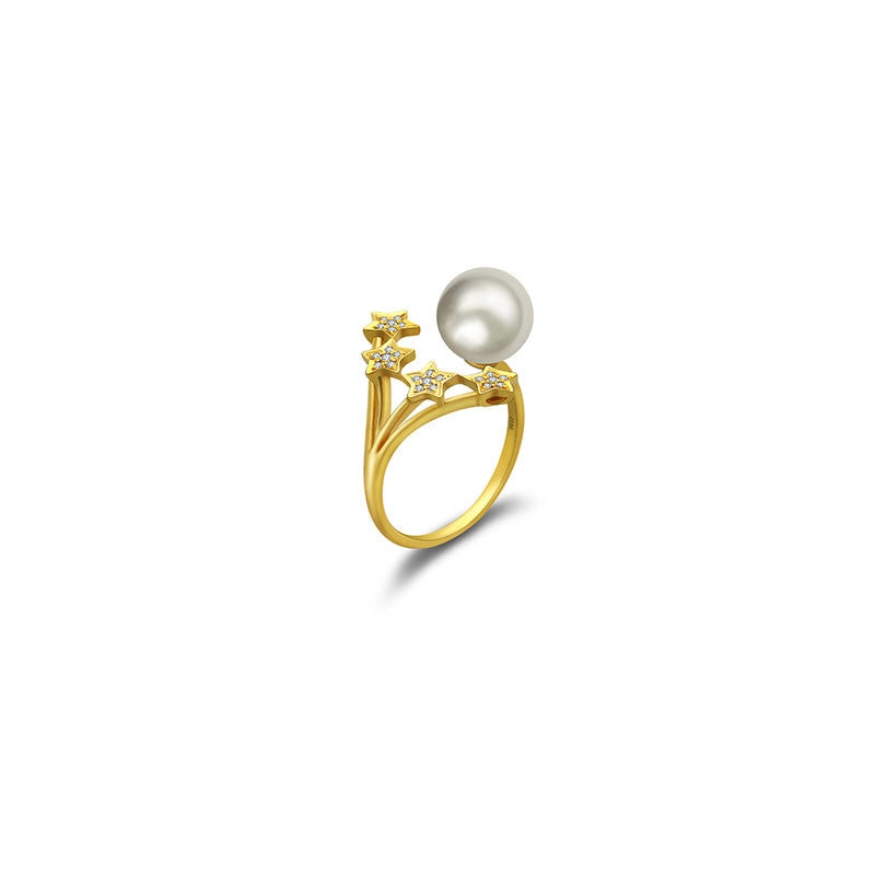 18k Gold Quadruple Star Open Diamond Ring With Pearl - Genevieve Collection