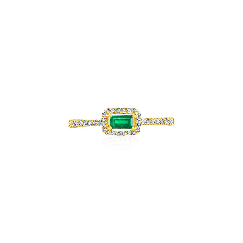 18k Gold Rectangle Shape Emerald Ring Surrounded by Diamond - Genevieve Collection