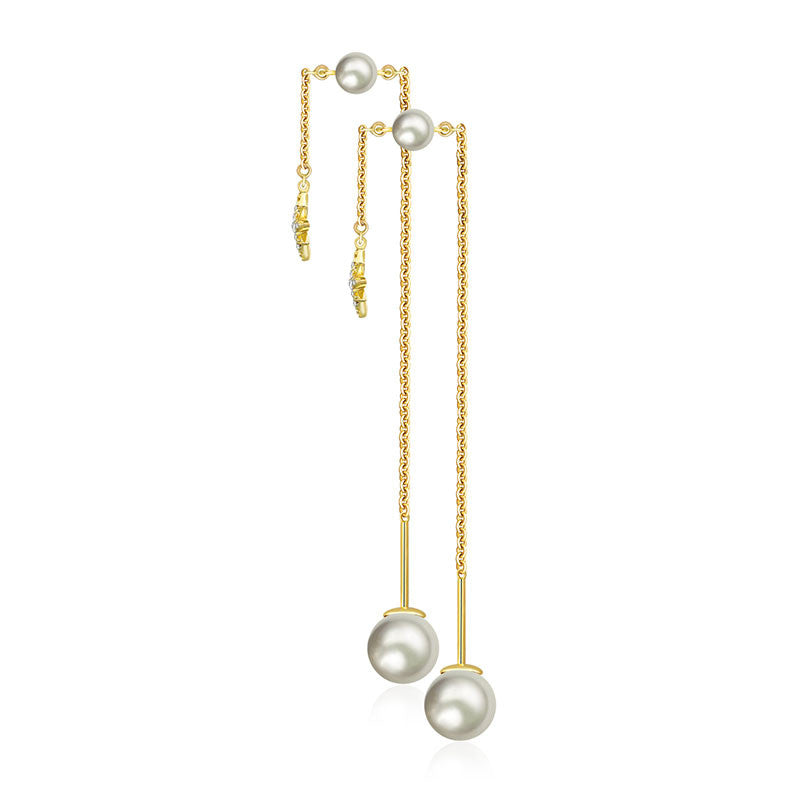 18k Gold Star Shape Chain Diamond Earring With Pearl - Genevieve Collection