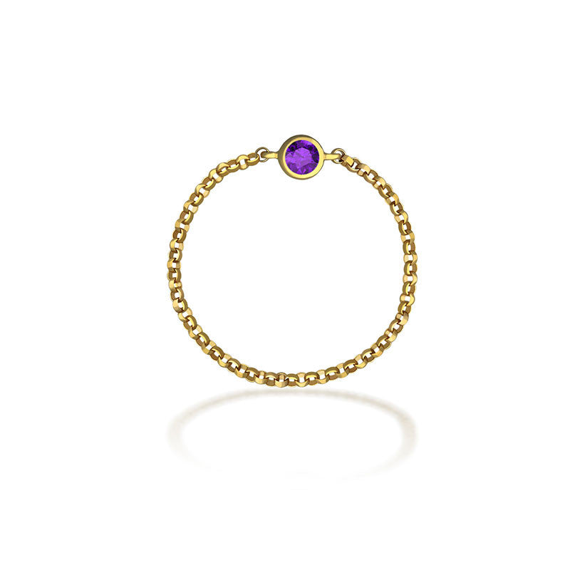 18k Gold February Birthstone Amethyst Chain Ring - Genevieve Collection