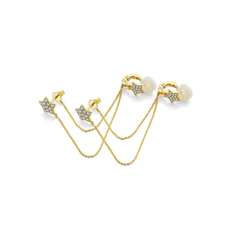18k Gold Star Shape with Chain Diamond Ear Cuff & Earring - Genevieve Collection