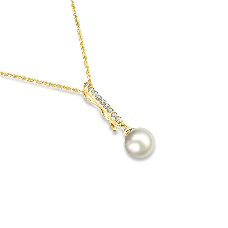 18k Gold 2 ways Line Shaped Diamond Necklace with Pearl - Genevieve Collection
