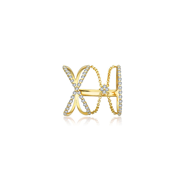 18k Gold Cross Diamond Chain Ring - Genevieve Collection
