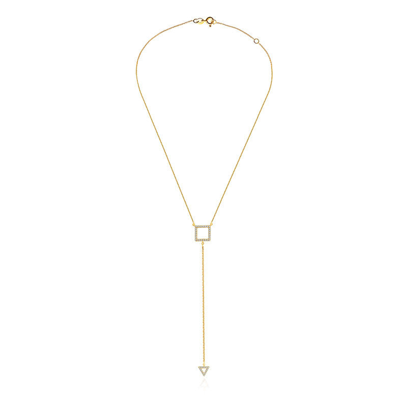 18k Gold Hollow Square Dangling Diamond Necklace - Genevieve Collection