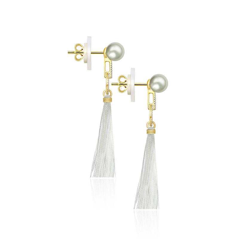 18k Gold Round Shape Tassel Diamond Earring With Pearl - Genevieve Collection