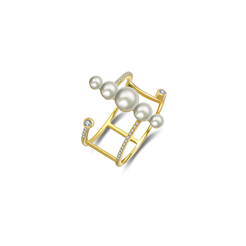 18k Gold Pearl Double Open Diamond Ring - Genevieve Collection