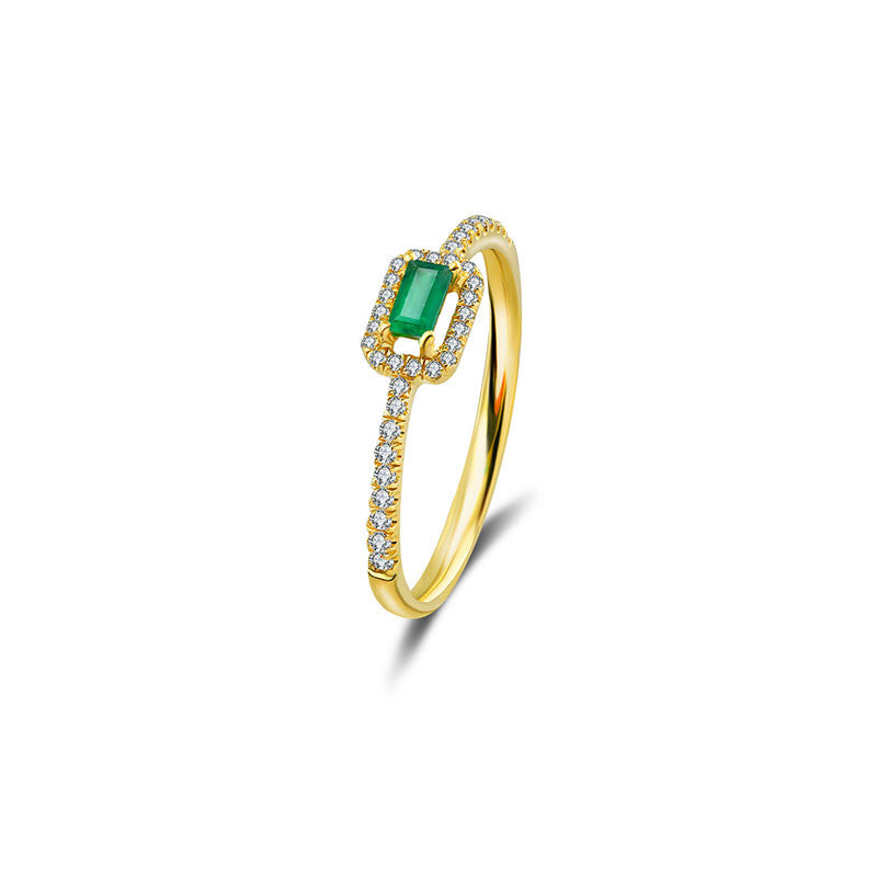 18k Gold Rectangle Shape Emerald Ring Surrounded by Diamond - Genevieve Collection
