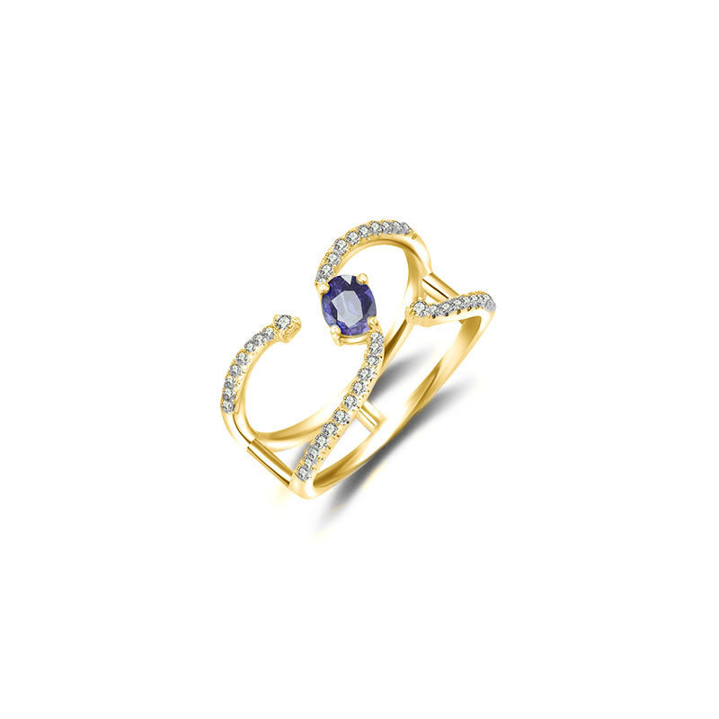 18k Gold Single Sapphire Connected Diamond Ring - Genevieve Collection