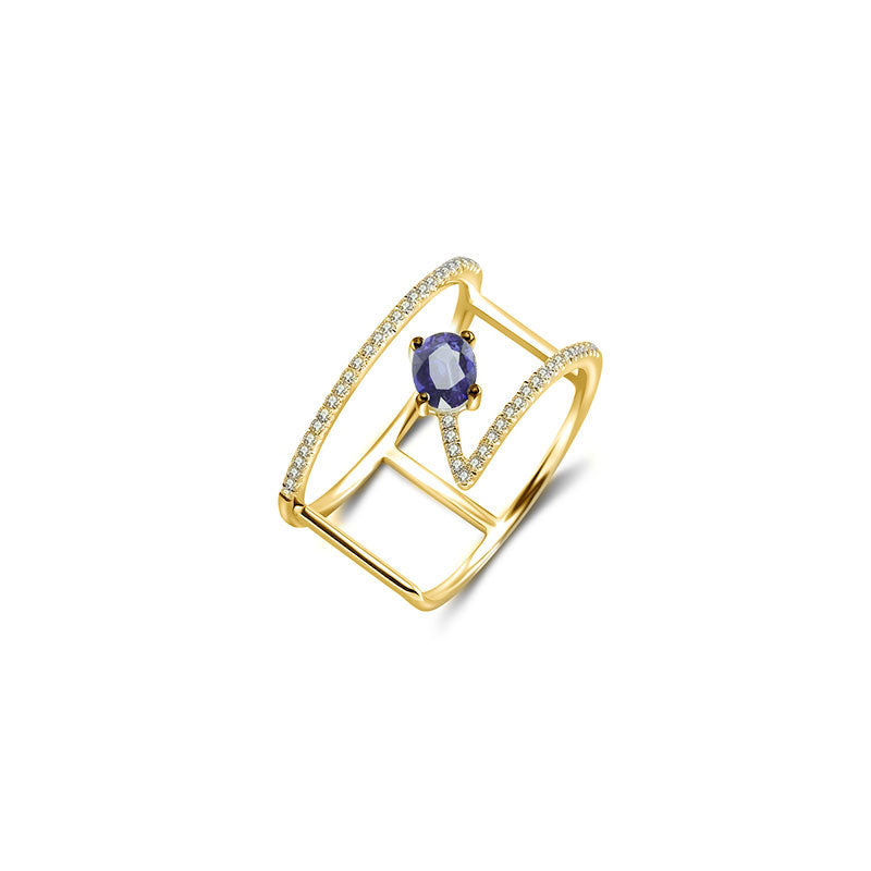 18k Gold Diamond Double Ring with Sapphire - Genevieve Collection