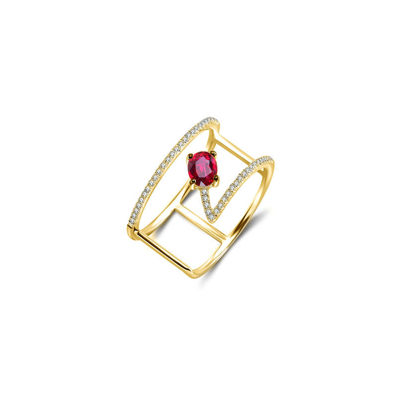 18k Gold Diamond Double Ring with Ruby - Genevieve Collection