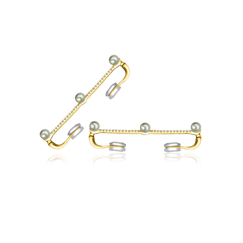 18k Gold Vertical Line Diamond Ear Cuff with Pearl - Genevieve Collection