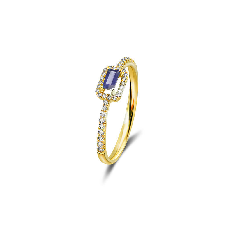 18k Gold Rectangle Shape Sapphire Ring Surrounded by Diamond - Genevieve Collection