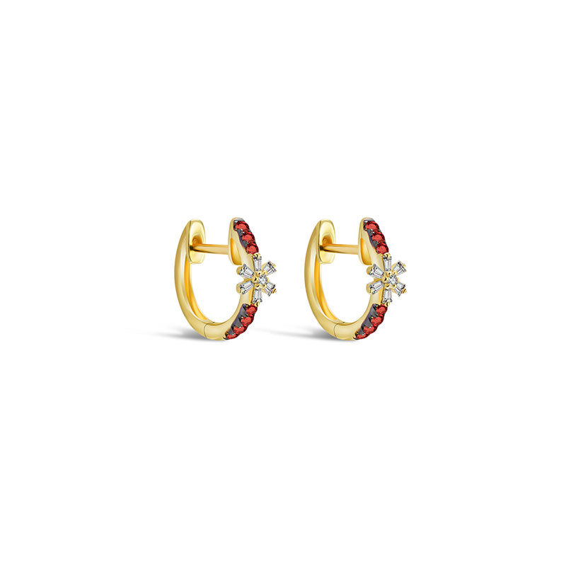 18k Gold Hoop Diamond And Ruby Earring with Flower Pattern - Genevieve Collection
