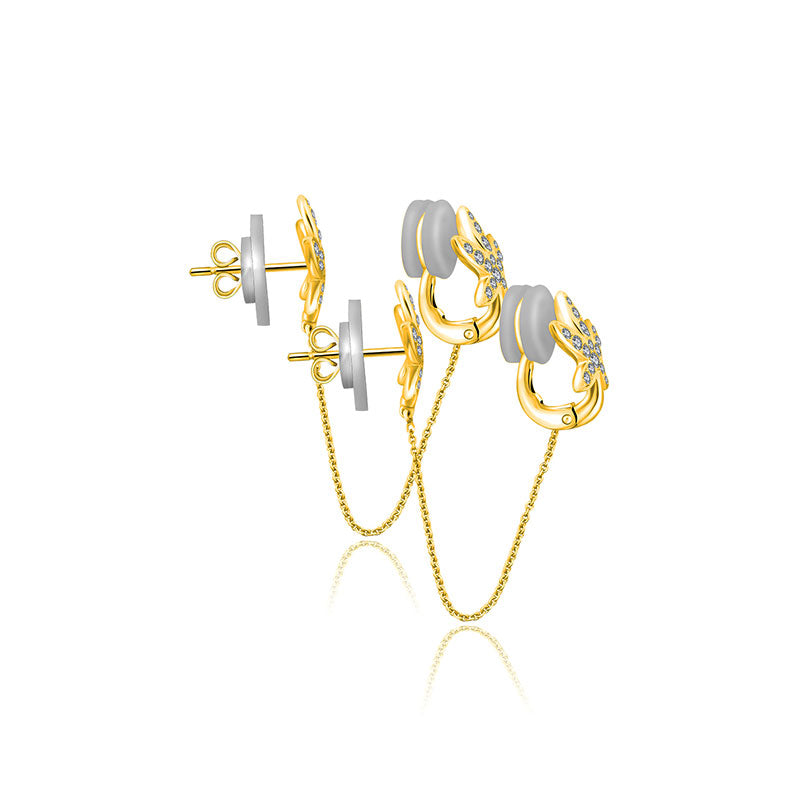 18k Gold Leaf Shape with Chain Diamond Ear Cuff & Earring - Genevieve Collection