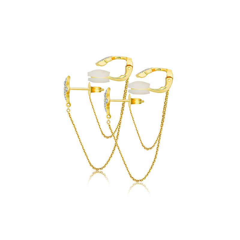 18k Gold Star Shape with Chain Diamond Ear Cuff & Earring - Genevieve Collection