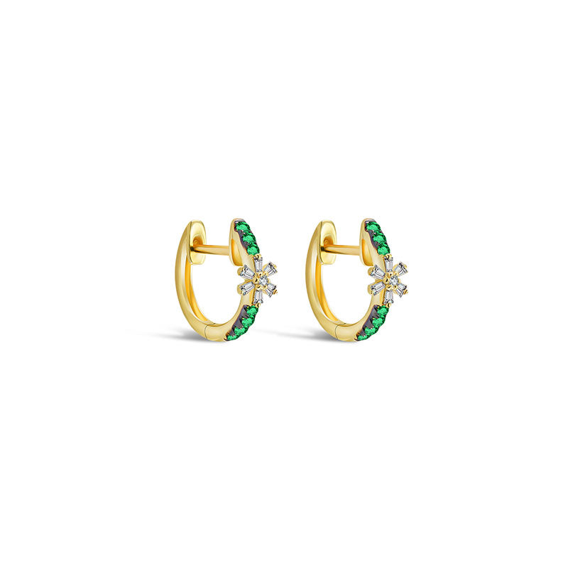 18k Gold Hoop Diamond And Emerald Earring with Flower Pattern - Genevieve Collection