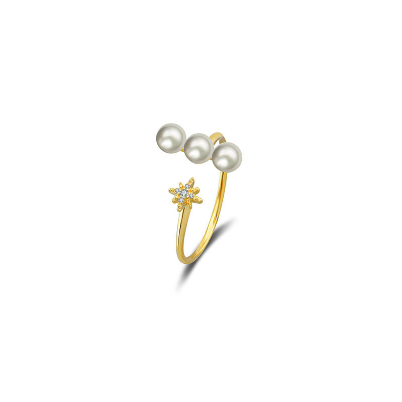 18k Gold Star Open Diamond Ring With Pearl - Genevieve Collection