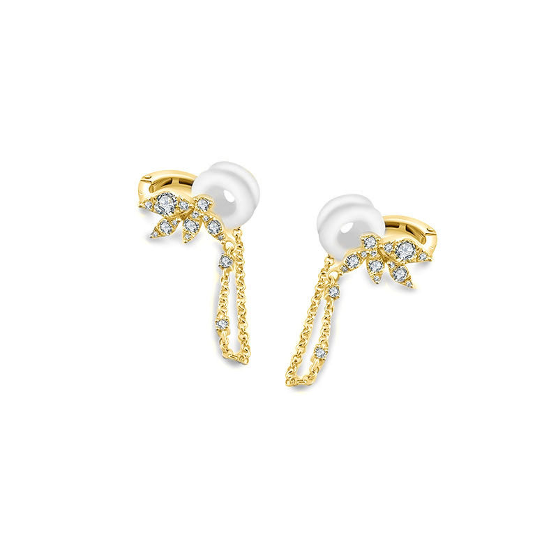 18k Gold Fan Shape Diamond Ear Cuff with Chain - Genevieve Collection