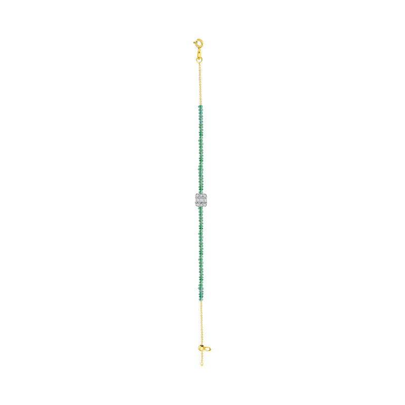18k Gold Emerald Beaded with Square Shape Diamond Bracelet - Genevieve Collection