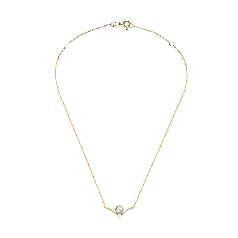 18k Gold Double Curve Diamond Necklace With Pearl - Genevieve Collection