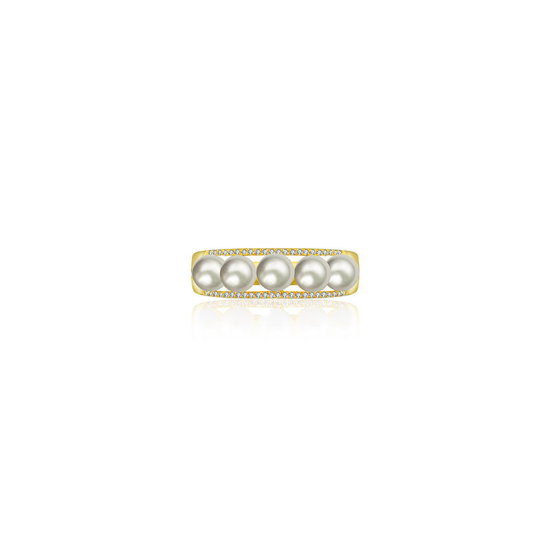 18k Gold Double Line Diamond Ring With Pearl - Genevieve Collection