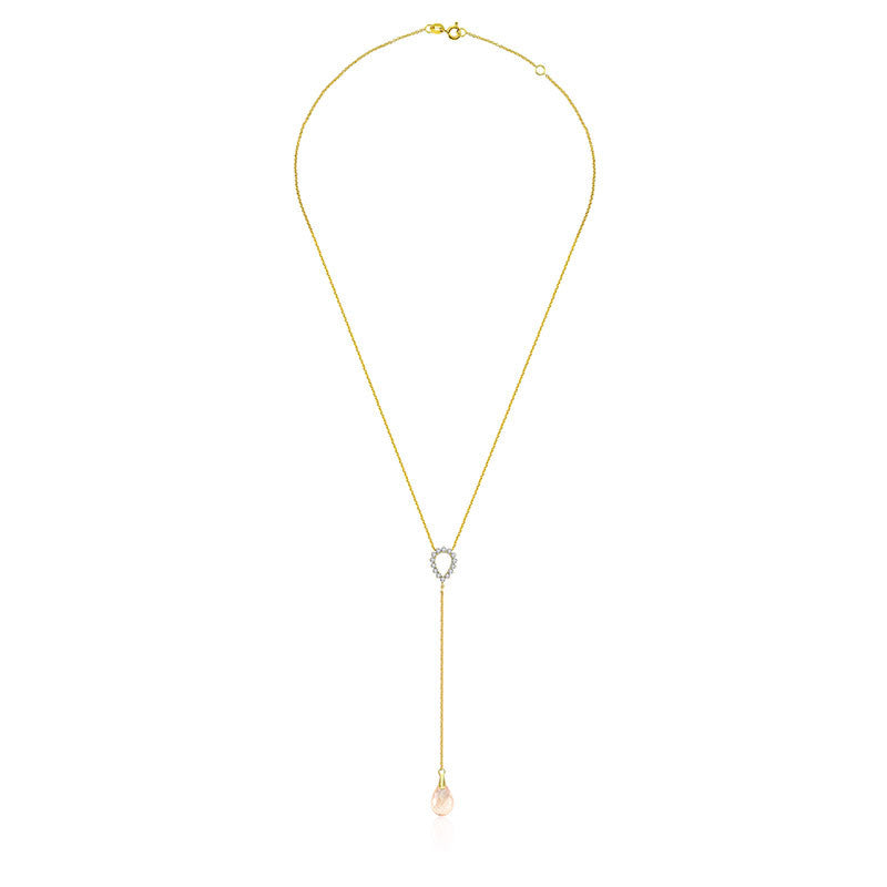 18k Gold Pink Quartz Chain Diamond Necklace With Drop Shape - Genevieve Collection