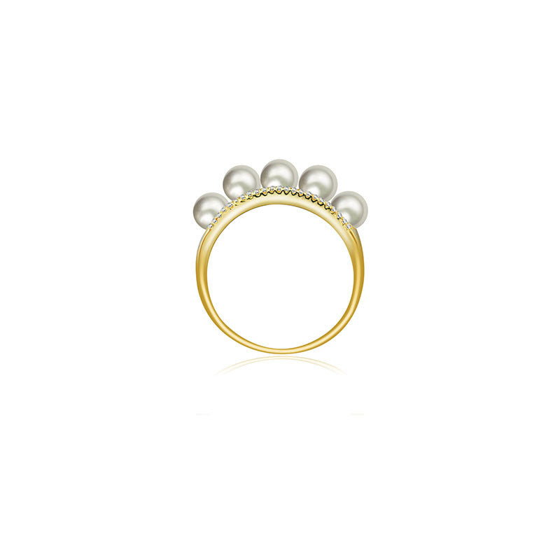 18k Gold Double Line Diamond Ring With Pearl - Genevieve Collection
