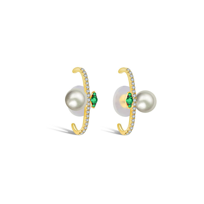 18k Gold Half Hoop Diamond Earring with Pearl and Emerald - Genevieve Collection