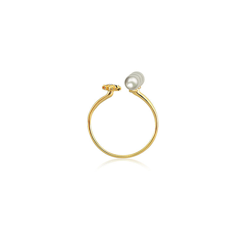 18k Gold Star Open Diamond Ring With Pearl - Genevieve Collection