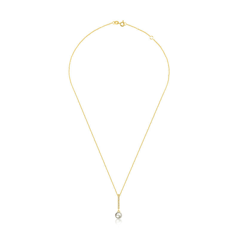 18k Gold 2 ways Line Shaped Diamond Necklace with Pearl - Genevieve Collection