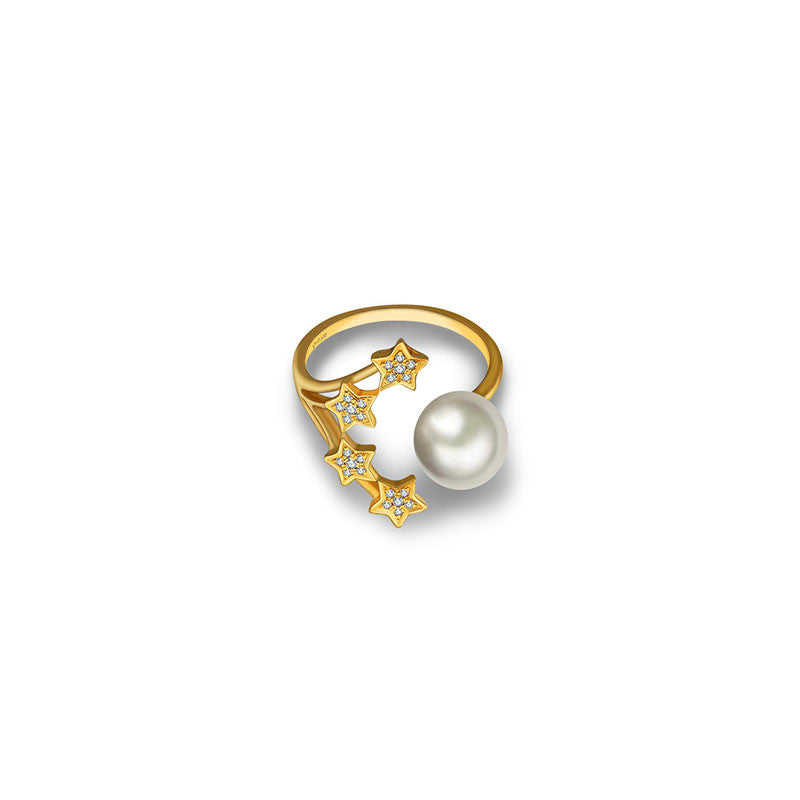18k Gold Quadruple Star Open Diamond Ring With Pearl - Genevieve Collection