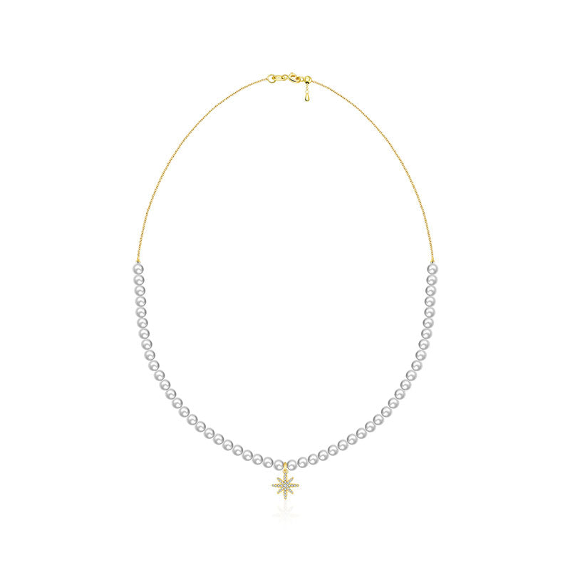 18k Gold Star Shape Diamond & Pearl Necklace - Genevieve Collection