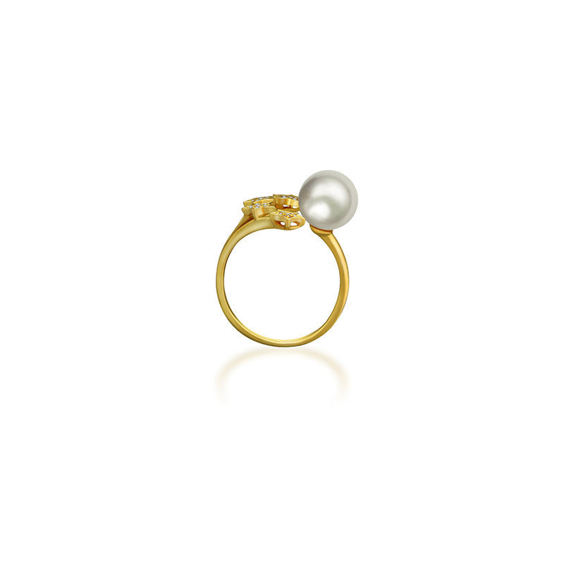 18k Gold Quadruple Star Open Diamond Ring With Pearl - Genevieve Collection