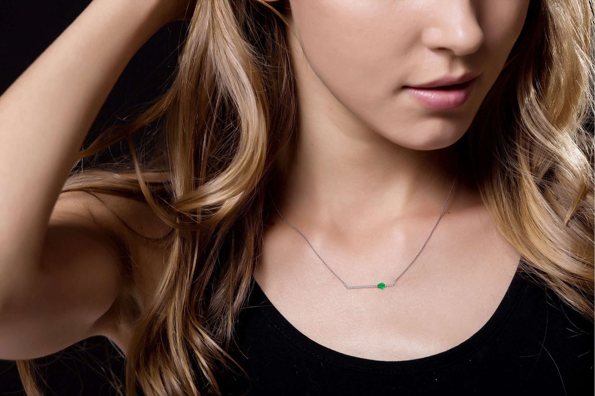 18k Gold Line Diamond Necklace with Drop Shape Emerald - Genevieve Collection