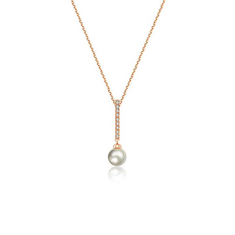 18k Gold 2 ways Line Shaped Diamond Necklace with Pearl - Genevieve Collection