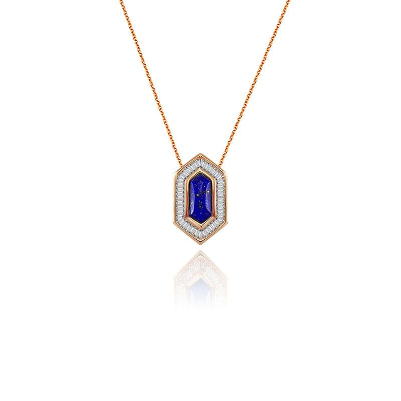 18k Gold Hexagonal Shape Lapis Diamond Necklace - Genevieve Collection